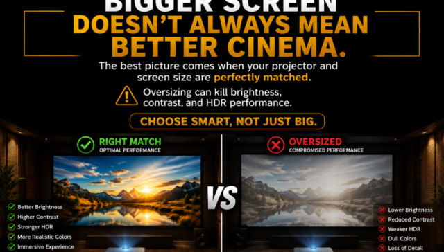 Bigger screen doesn’t always mean better cinema. The best picture comes when your projector and screen size are perfectly matched. Oversizing can kill brightness, contrast, and HDR performance. Choose smart, not just big. — Deepak Saxena | AV Consultants