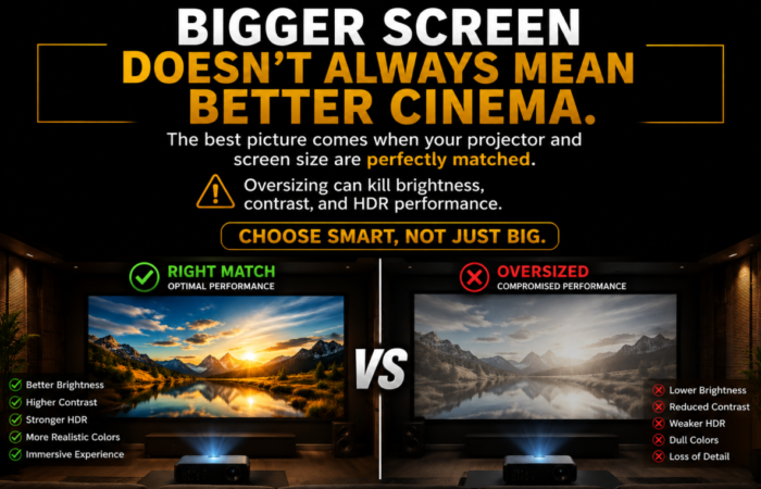 Bigger screen doesn’t always mean better cinema. The best picture comes when your projector and screen size are perfectly matched. Oversizing can kill brightness, contrast, and HDR performance. Choose smart, not just big. — Deepak Saxena | AV Consultants