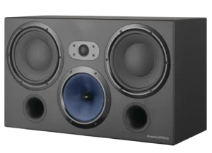 The Bowers & Wilkins CT7.3 LCRS features a 1-inch tweeter, 6-inch Kevlar midrange, and two 8-inch paper/Kevlar woofers, delivering 200W power handling and 42Hz–22kHz frequency response for powerful cinema audio.
